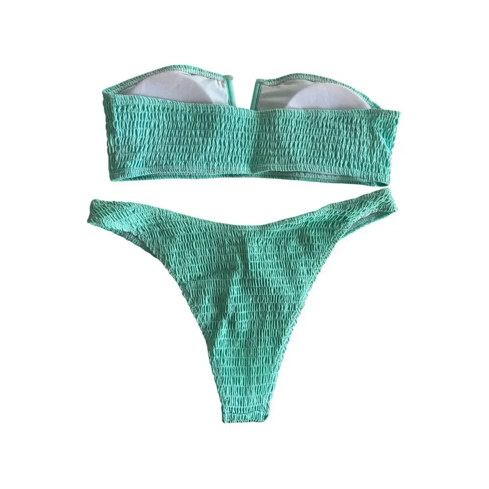 SHEIN Mint Green Smocked Bandeau Bikini Set Size Medium High Cut Ruched Swim